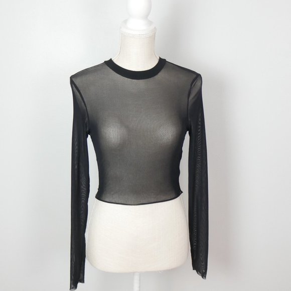 SHEIN Long Sleeve Mock Neck Cropped Black Mesh See Through Top Small - Picture 2 of 10